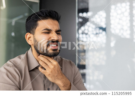 The man in the pictures appears distressed, holding his throat, likely due to a sore throat, illness, or throat pain. His expression conveys discomfort, sickness, or a health issue The man in the pictures appears distressed, holding his throat, likely due to a sore throat, illness, or throat pain. His expression conveys discomfort, sickness, or a health issue 115205995