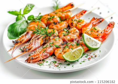 Skewered Tiger Prawns, Grilled King Shrimps, Prawns Fried with Garlic, Herbs, Spices, Lime and Greens 115206182