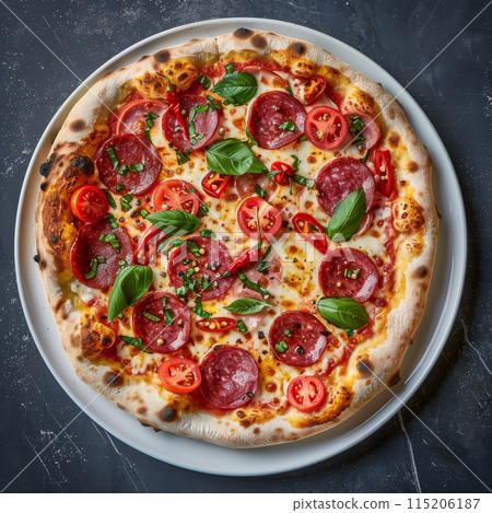 Pepperoni Pizza, Traditional Italian Diabolo Pizza Flatbread with Salami, Chili Pepper, Mozzarella Pepperoni Pizza, Traditional Italian Diabolo Pizza Flatbread with Salami, Chili Pepper, Mozzarella 115206187