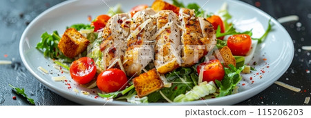 Caesar Salad with Roasted Chicken Breast, Croutons, Cherry Tomatoes and Grated Parmesan Cheese Caesar Salad with Roasted Chicken Breast, Croutons, Cherry Tomatoes and Grated Parmesan Cheese 115206203