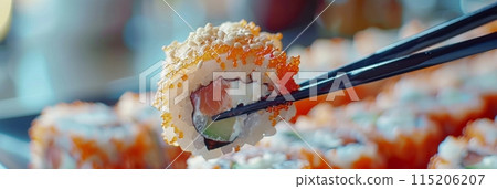 Eating Sushi Rolls with Chopsticks in Hands, Taking Sushi Roll, Eating Susi in Japanese Restaurant 115206207