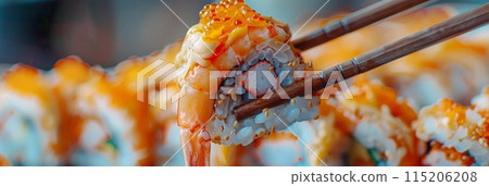 Eating Sushi Rolls with Chopsticks in Hands, Taking Sushi Roll, Eating Susi in Japanese Restaurant 115206208