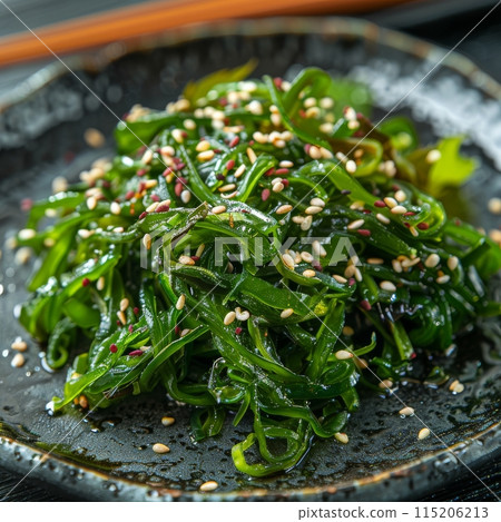 Hiyashi Wakame Chuka Kelp Salad, Green Seaweed Salat with Sesame and Nut Sauce 115206213