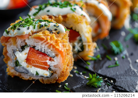 Crispy Ebi Tempura Maki Sushi Rolls, Deep Fried Uramaki Roll Set with Cream Cheese, King Prawns 115206214