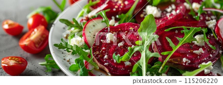 Beetroot Salad with Rucola, Gorgonzola Cheese, Veggie Salat Bowl on White Restaurant Plate 115206220