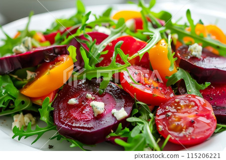Beetroot Salad with Rucola, Gorgonzola Cheese, Veggie Salat Bowl on White Restaurant Plate 115206221