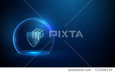 Abstract blue futuristic guard shield inside glass dome. Protection, cyber security and insurance concept Low poly style Geometric background Wireframe light connection structure Modern graphic Vector 115206234