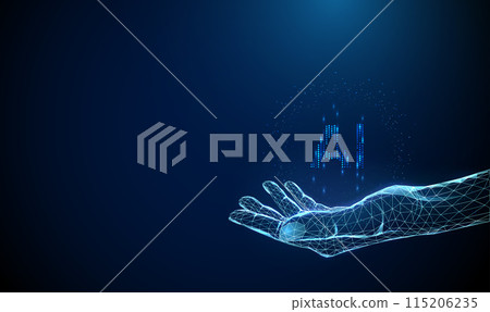 Abstract giving hand with AI word. Artificial intelligence and machine learning concept. Low poly style. Geometric background. Wireframe light connection structure. Modern 3d graphic concept. Vector Abstract giving hand with AI word. Artificial intelligence and machine learning concept. Low poly style. Geometric background. Wireframe light connection structure. Modern 3d graphic concept. Vector 115206235