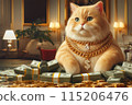 A luxurious cat adorned with gold chains, surrounded by stacks of cash and gold coins, in an opulent room. 115206476