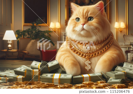 A luxurious cat adorned with gold chains, surrounded by stacks of cash and gold coins, in an opulent room. 115206476