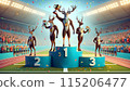 Three deer standing on a sports podium with medals, celebrating victory in a stadium filled with cheering crowds and confetti falling, with the winner holding a trophy. 115206477