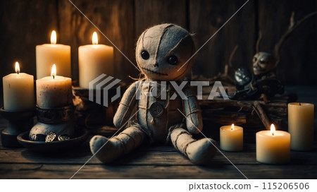 Creepy handmade voodoo doll on a wooden table with candles near her 115206506