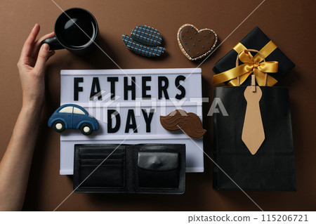 Father's day concept, gifts and greetings, on a brown background. 115206721