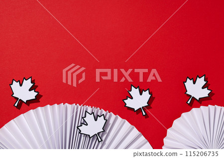 Decorative maple leaves with decorations on a red background 115206735