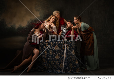 In this evocative family tableau, central armored man flanked by family members who appear to be both advising and comforting him. Emotional strength found within family bonds. In this evocative family tableau, central armored man flanked by family members who appear to be both advising and comforting him. Emotional strength found within family bonds. 115206757