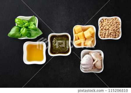 Homemade pesto sauce and ingredients. Homemade pesto sauce and ingredients. 115206810