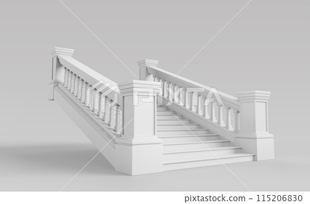 White stone or marble staircase with balustrade isolated on background. Realistic 3d mockup stair with steps, pillars, columns, balusters, handrails and base. Architecture element. 3D illustration 115206830