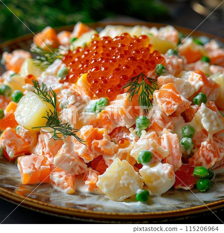 Olivier Salad or Russian Salad with Roasted Quail and Red Caviar on White Plate, Diced Meat and Vegetables Olivier Salad or Russian Salad with Roasted Quail and Red Caviar on White Plate, Diced Meat and Vegetables 115206964