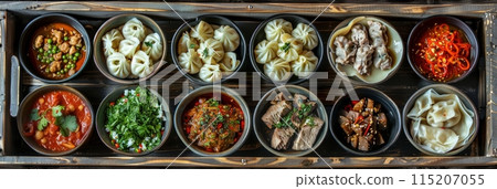 Asian Dishes Set, Azerbaijani Dumplings Giurza with Lamb Meat and Mutton Fillet in Ceramic Bowls 115207055