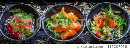 Herb Cheese Vegetable Salad, Baked Pumpkin Salat, Raw Smoked Salmon Restaurant Starter Menu 115207056