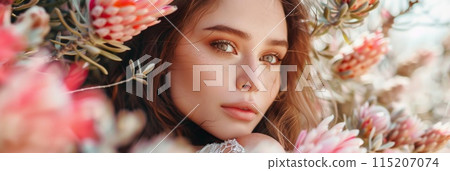 Beautiful Woman in Blooming Protea Bushes, Large Flowers, Beautiful Princess, Copy Space 115207074