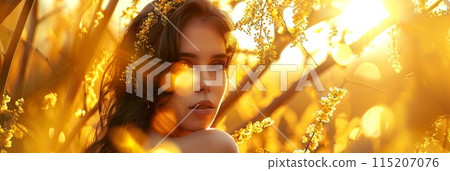 Beautiful Woman in Blooming Mimosa Flowers, Large Flowers, Beautiful Princess, Festive Atmosphere Beautiful Woman in Blooming Mimosa Flowers, Large Flowers, Beautiful Princess, Festive Atmosphere 115207076