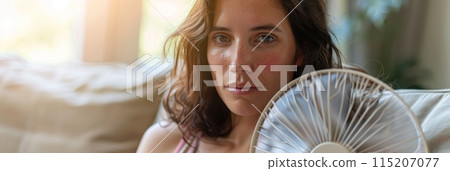 Woman Suffering Heat Stroke Sitting at Home, Summer Hot and Heatstroke, Adult Exhausted Woman 115207077