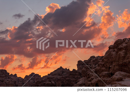 colorful sunset sky, rocks in Little Petra, Jordan colorful sunset sky, rocks in Little Petra, Jordan 115207096