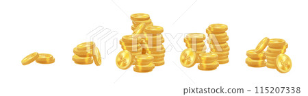 Realistic golden coins pile. Stacks of gold money, cash or treasure. Bank and finance. Investment, profit or gain. Copy space. Vector 115207338