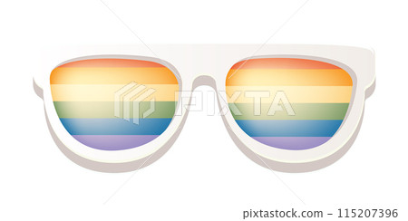 LGBT sunglasses retro groovy hipster style with pride rainbow lens and white frame isolated on transparent background. Retro vintage Pride day, LGBT and LGBTQ sunglasses icon, sticker, poster 115207396