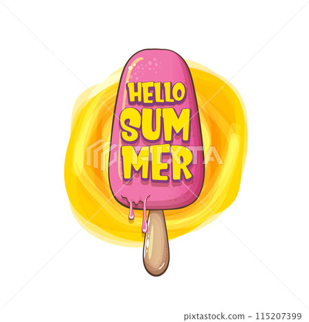 vector hello summer vector concept illustration with cartoon funny hand drawn pink ice cream. Start of summer funky doodle label, poster, flyer or background. Hello summer icon 115207399