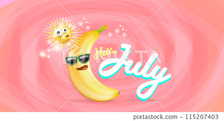 Hello July horizontal poster with sun character and funky banana character isolated on pink background. Vector 3d wide horizontal hello July funny comic flyer, banner and background. 115207403