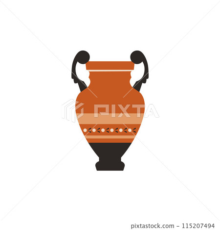 Ancient Greece amphora vector flat illustration, antique retro clay jug or vase with handles, vintage pitcher pottery Ancient Greece amphora vector flat illustration, antique retro clay jug or vase with handles, vintage pitcher pottery 115207494