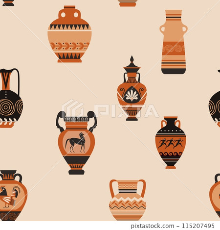 Vector seamless pattern in a flat style with ancient Greek vases with classical images 115207495