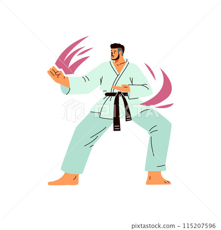 Karate man fighter in kimono and black belt vector, Asian martial art training, Japanese wrestler with movement lines Karate man fighter in kimono and black belt vector, Asian martial art training, Japanese wrestler with movement lines 115207596