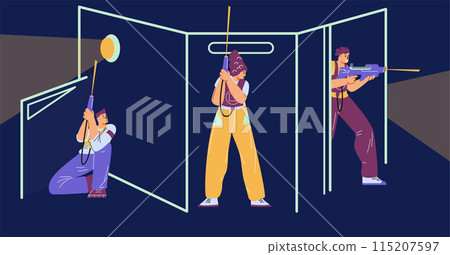 Illustration of players with laser weapons participating in laser tag. Illustration of players with laser weapons participating in laser tag. 115207597