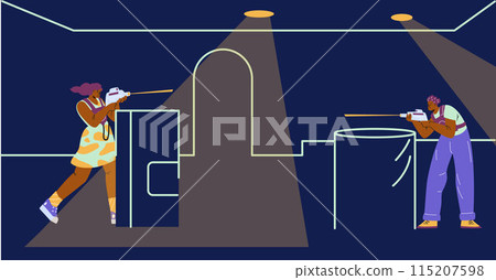 Illustration with participants in a laser tag game. Vector banner. 115207598