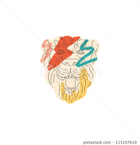 Ancient sculpture lion head vector colorful line art, mythology animal muzzle antique relief painted stone gypsum statue 115207619