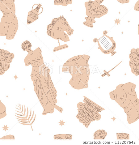 Seamless vector design with ancient Greek sculptures, columns and stars. Seamless vector design with ancient Greek sculptures, columns and stars. 115207642