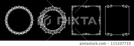 Set of decorative frames Elegant vector element for design in Eastern style, place for text. Floral black and white borders. Lace illustration for invitations and greeting cards. Set of decorative frames Elegant vector element for design in Eastern style, place for text. Floral black and white borders. Lace illustration for invitations and greeting cards. 115207710