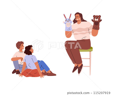 Children's puppet show with characters. Cartoon flat vector illustration. Children's puppet show with characters. Cartoon flat vector illustration. 115207919