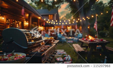 Barbecue party with grilled food in backyard with American flags. 4th of July, USA Independence Day 115207968