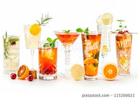 Set and collection of non-alcohol cocktails or mocktail isolated on white background with fresh summer fruits 115208021