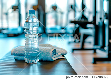 A water bottle and towel are essential items on a gym bench for hydration and fitness purposes 115208022