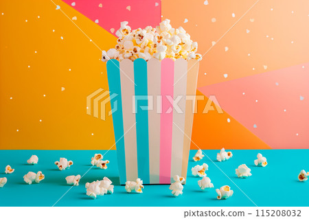 A red and white striped popcorn bucket full of fluffy, buttery popcorn, bold colors of background 115208032