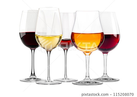 Set of red and white wine glasses isolated on white background. Rose wine splashing in glassware. 115208070