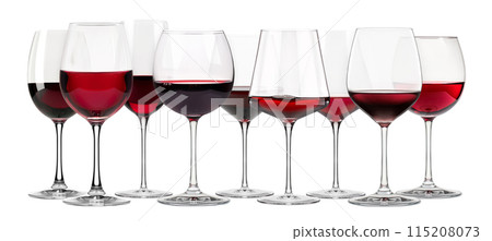 Set of red wine glasses isolated on white background. Rose wine splashing in glassware. 115208073