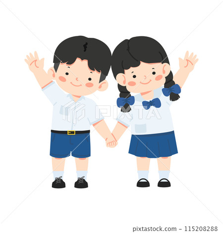 Kid waving hands and saying hi or bye to school Kid waving hands and saying hi or bye to school 115208288