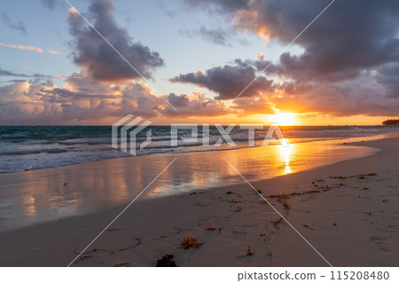 Coastal landscape with colorful sunrise sky. Bavaro beach 115208480