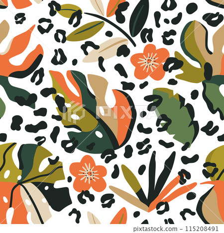 Jungle tropical leaves, animal skin seamless pattern. Vector summer palm leaves, leopard spots print. 115208491